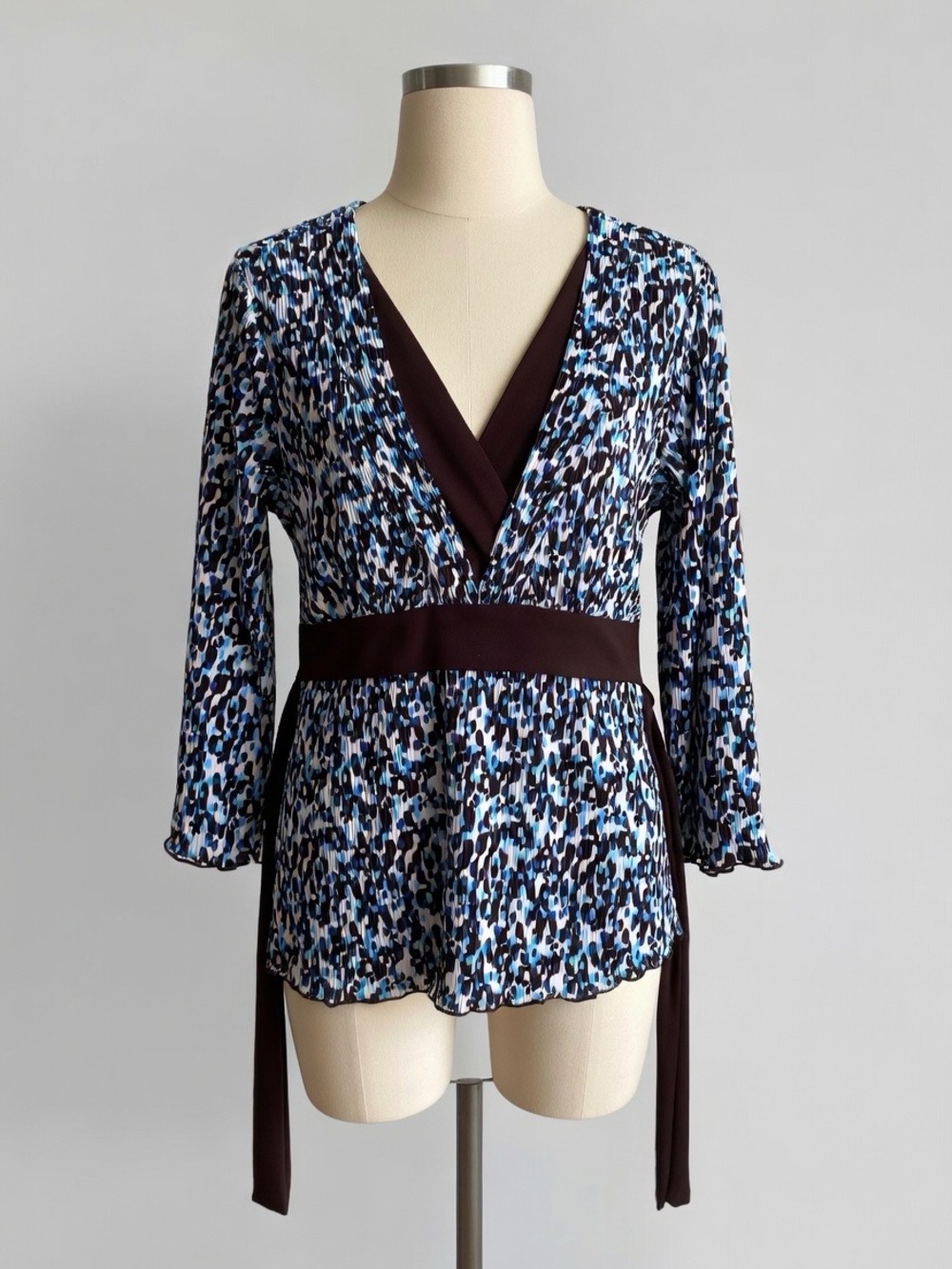 Christopher Banks Animal Print Y2K Office V-Neck Blue Black S Tie Back Polka Dot